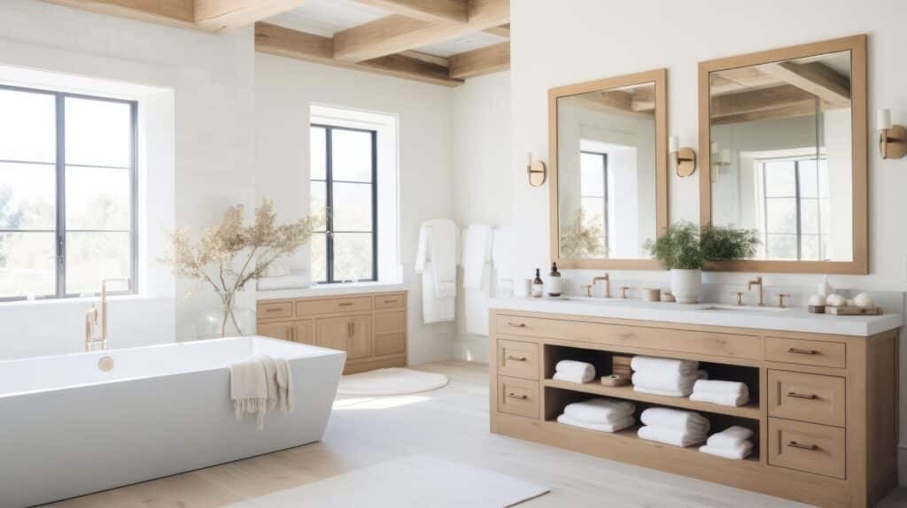 Salle de bain moderne avec baignoire îlot blanche, double vasque en bois clair et poutres apparentes lumineuses.
