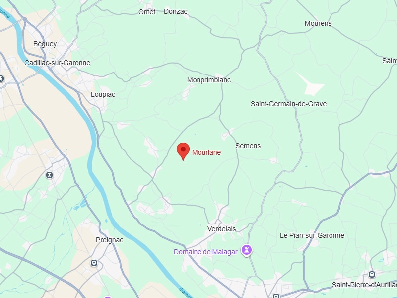 Localisation de Mourlane près de Cadillac-sur-Garonne Plan de Mourlane, entre Loupiac et Verdelais, à proximité de Cadillac-sur-Garonne et de la Garonne en Gironde.